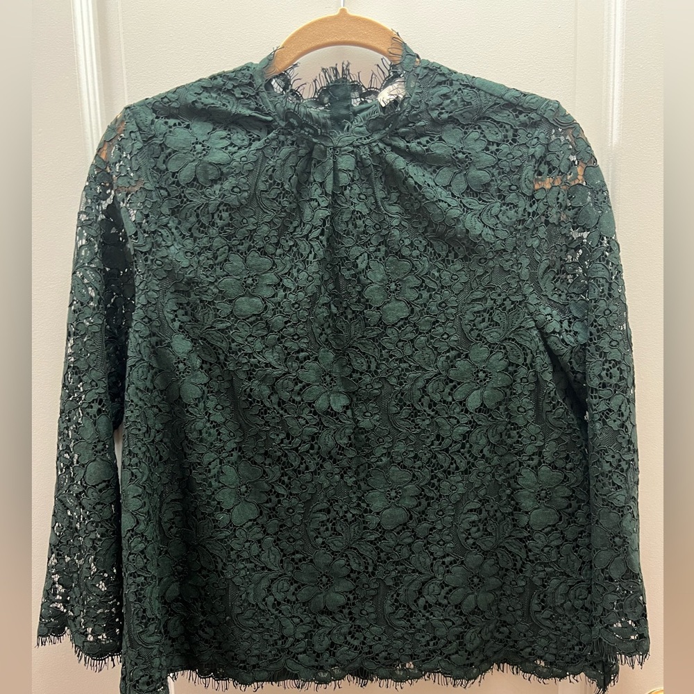 Joie Freyda mock-neck festive green lace shirt